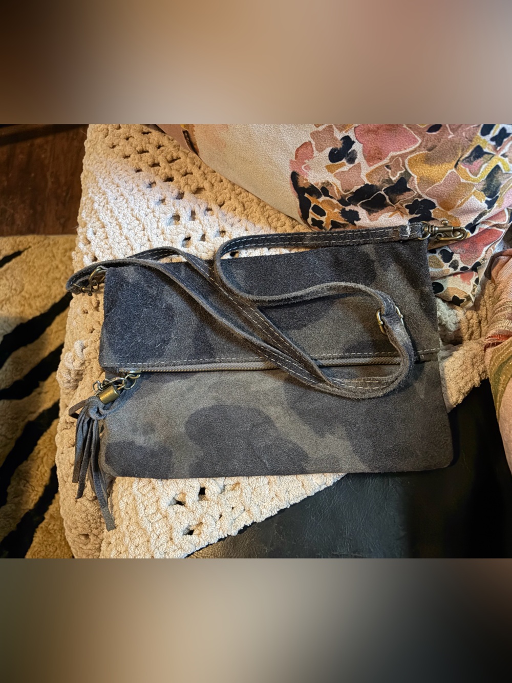 Suede Crossbody Messenger Bag in Charcoal Gray
